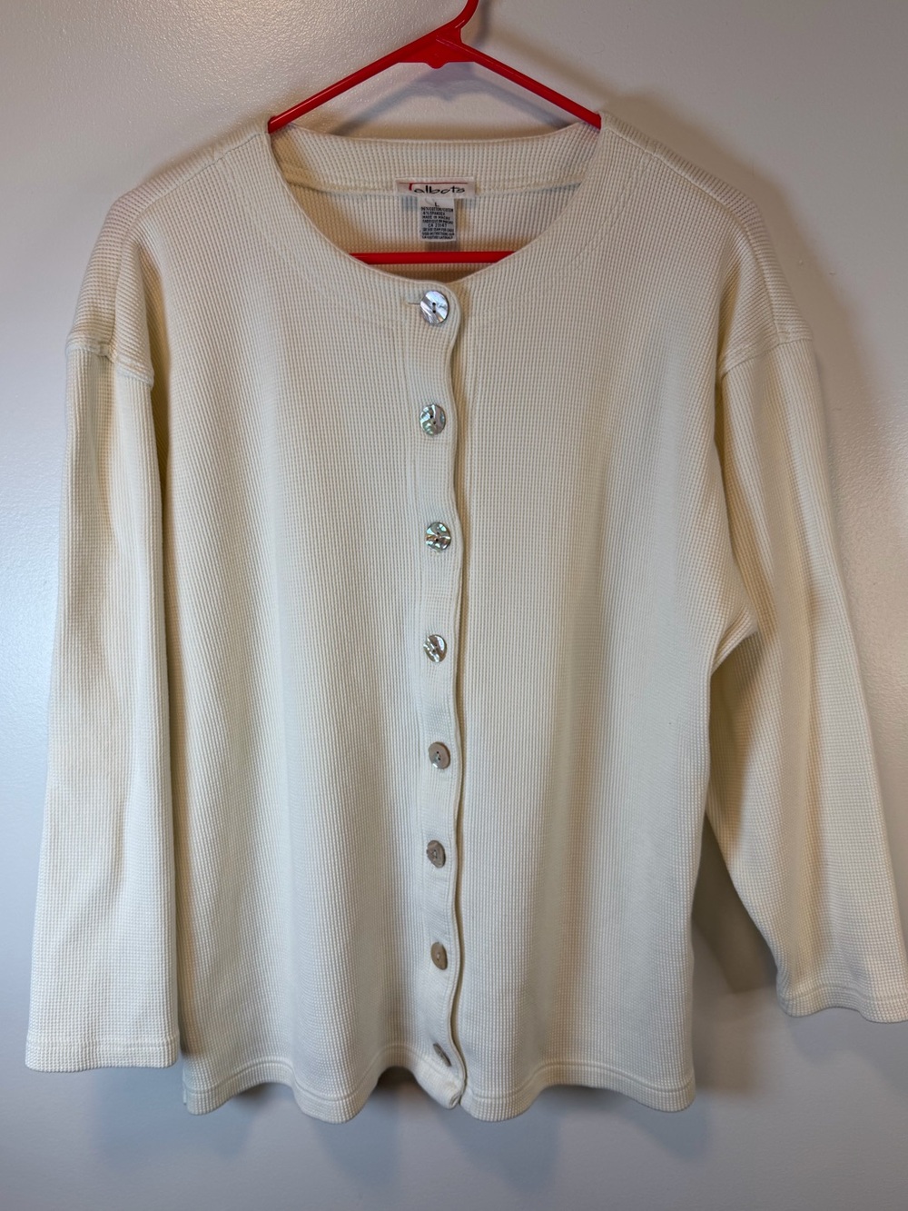Talbots Waffle Knit Crewneck Button Up Cardigan Cream Colored Women’s Large